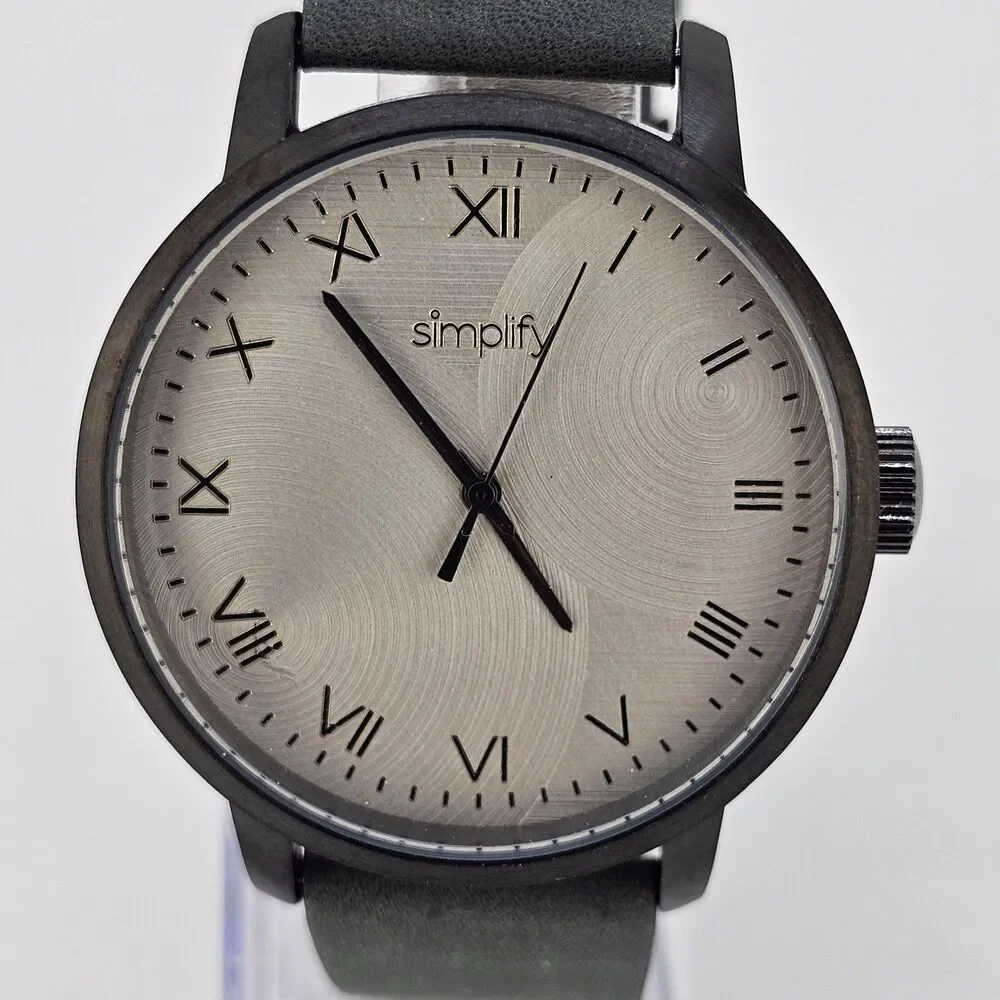 Men's Simplify Watch 42MM Roman Numerals Black Case Gray Dial Leather Bands Work